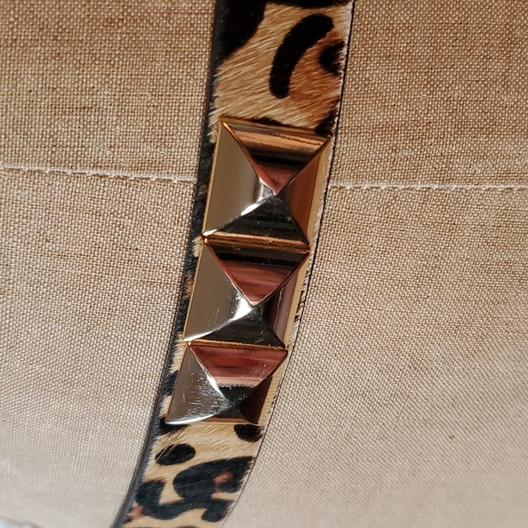 Michael Kors Leather Belt Gold Hardware Stud Cow Fur Leopard Cougar Size M 32-36 - Picture 4 of 7